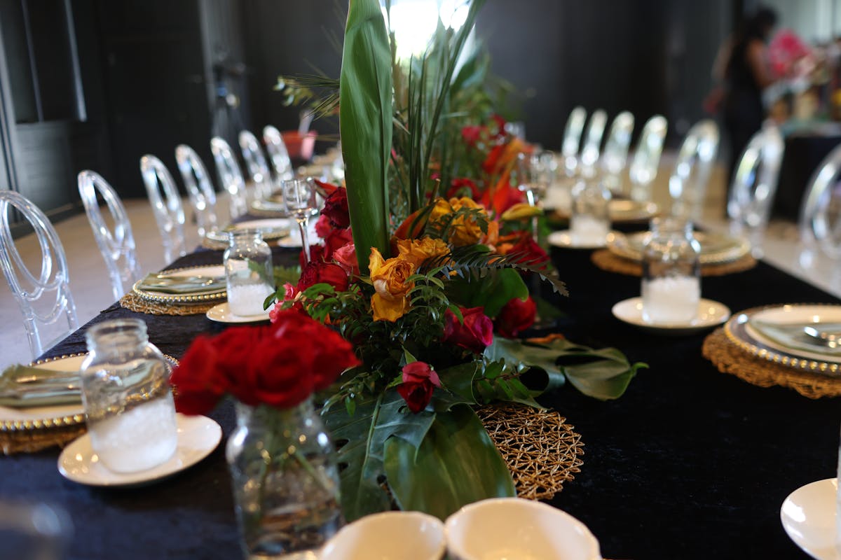 a dining table with wine glasses